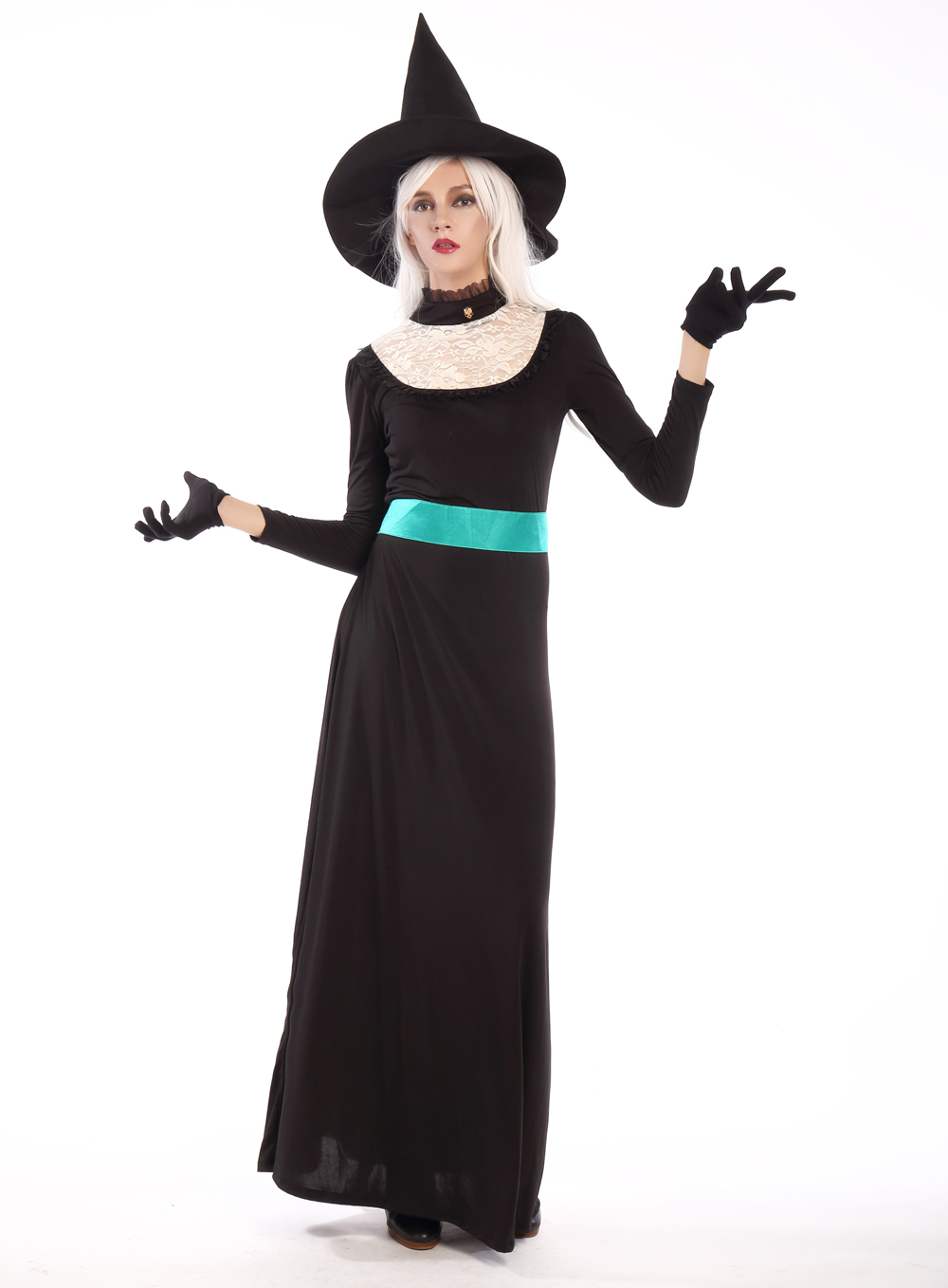 F1682 halloween witch long gown costume,it comes with hat,dress,gloves,belt